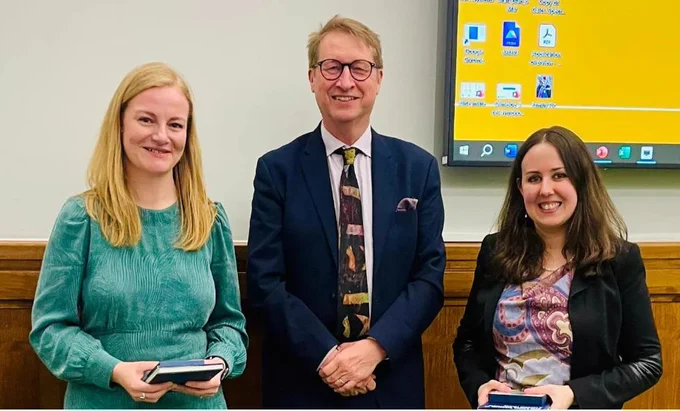 From left to right: Dr Sarah Dimeloe, a Lister Institute official, and Dr Rebecca Drummond.
