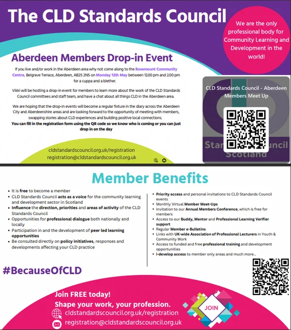 Image of a poster informing people of The CLD Standards Council. benefits of being a members and the members drop in session in Aberdeen. 