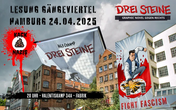 Foto des Gängeviertels samt Comicpräsentation. Veranstaltungstipp für den 24.4.25 im Hambger Gängeviertel. Niels Oskamp liest aus seiner Graphic Novel Drei Steine.  Die Adresse ist Valentinskamp 34a