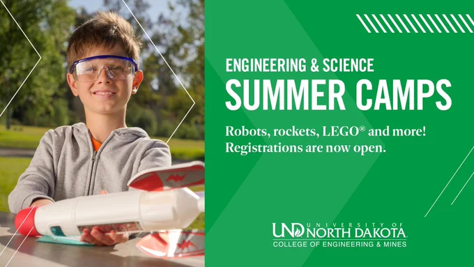 Grade school boy in safety goggles holds a rocket. Graphic promoting Engineering & Science Summer Camps. UND College of Engineering & Mines logo.