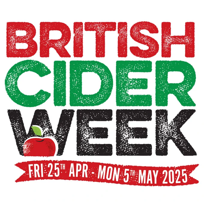 The British Cider Week logo on a white background. The text is red, green and black with a weathered effect. An apple is in the W of Week.