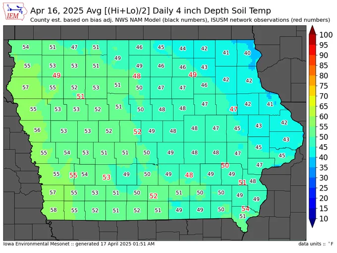 Map of soil temperatures in Iowa