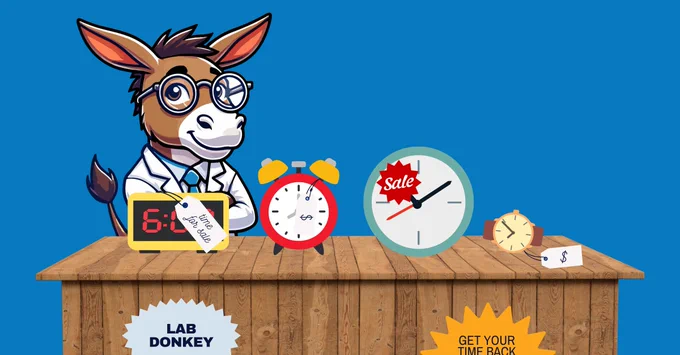 Lab Donkey stands behind a table selling time: clocks, alarms and watches.