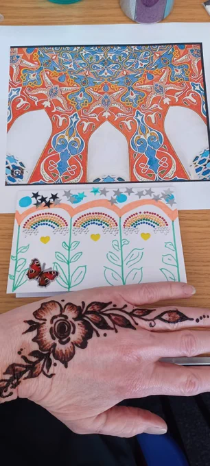 A picture of Sara's affirmation writing and henna painted hand.