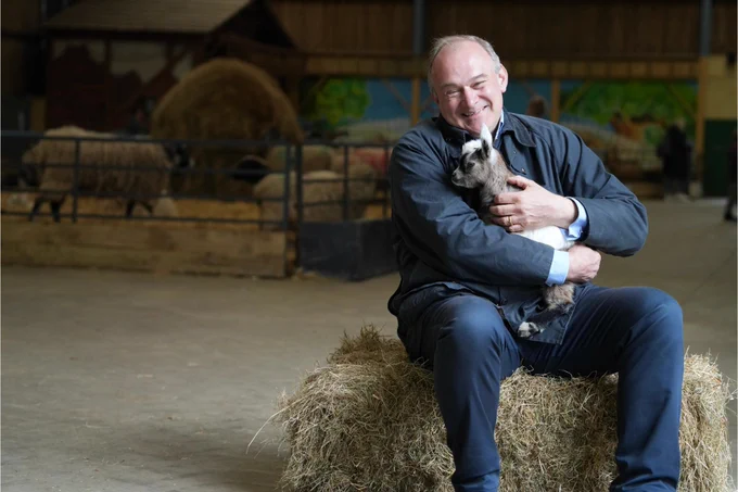 Ed Davey sits on a hay bale inside a barn, smiling warmly as he cuddles a small goat in his arms. 