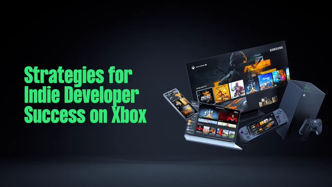 Text on the left side of the image reads "Strategies for Indie Developer Success on Xbox." On the right side, different Microsoft/Xbox supported platforms are displayed (phone, handheld, laptop, and Xbox).