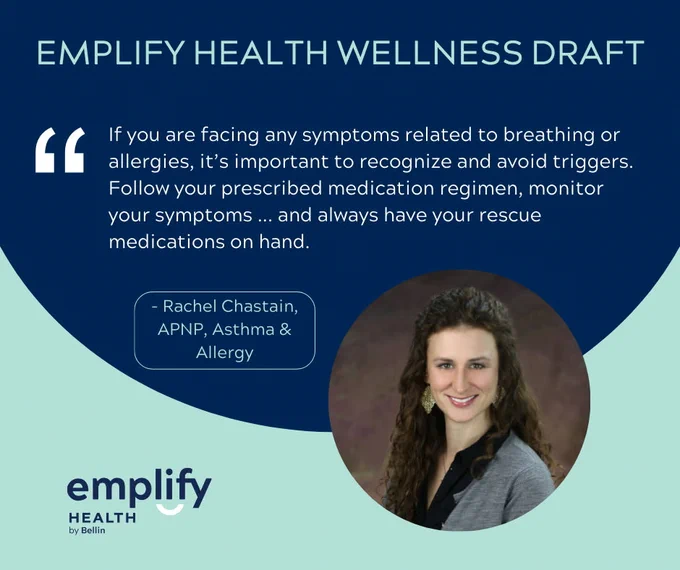 Image titled "Emplify Health Wellness Draft" featuring a quote about recognizing and managing respiratory symptoms related to allergies. The text includes advice from Rachel Chastain, an APNP specializing in Asthma and Allergy.