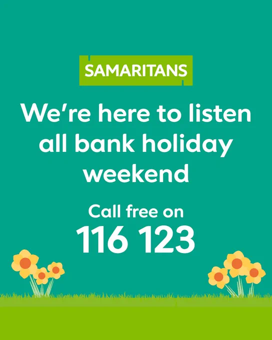 We're here to listen all bank holiday weekend

Call free on 116 123