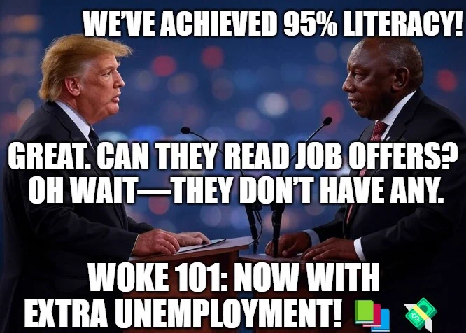 🎓 Degrees to Nowhere: South Africa’s Academic Plot Twist 📉 📚 Literacy ≠ Livelihood: The Great South African Education Heist 💸 🔥 Woke But Broke: UCT, Harvard, and the Education Apocalypse 🌍💣
South Africa stands at a crossroads, its education system a paradox of pride and pain. With a literacy rate of 95%—second in Africa, #110 globally—the nation has scaled heights few dared dream in 1994. Yet, beneath this triumph lurks a shadow: a 34.9% unemployment rate (2023) that swallows graduates whole, their degrees useless against an economy crying for skills they don’t possess. From Cape Town to Cambridge, universities like the University of Cape Town (UCT) and Harvard flirt with financial ruin, risking millions in funding for ideological crusades—labeled "suicidal empathy" by psychologist Gad Saad—while neglecting the economic and democratic foundations they’re meant to uphold. This is no mere local scandal; it’s a global crisis of classrooms chasing applause over purpose, and South...