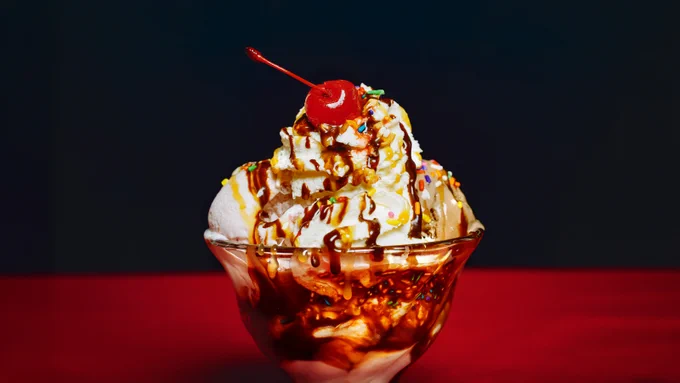 A bowl of ice cream topped with whipped cream, caramel syrup, sprinkles, and a cherry, set against a dark blue background.