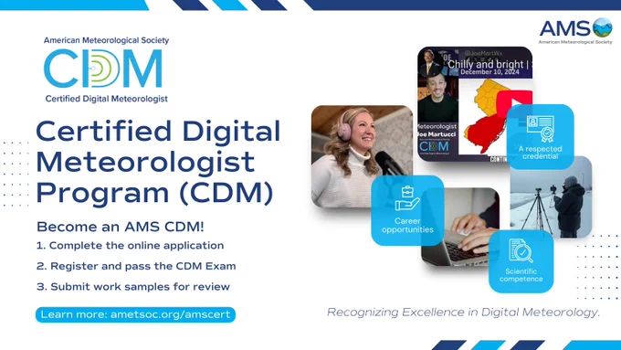 Graphic for the Certified Digital Meteorologist Program. Featuring images of digital meteorologists on different digital media platforms.