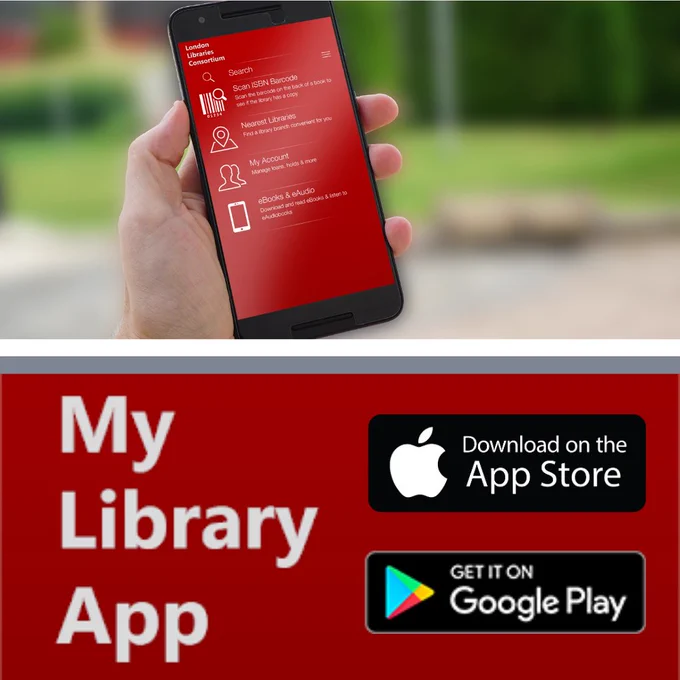 A hand holding a phone, with the screen showing the homepage of the My Library App.