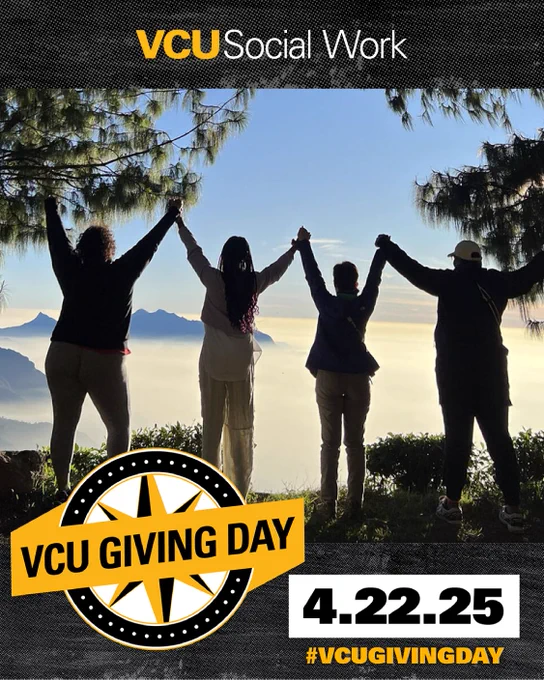 VCU Social Work. VCU Giving Day. 4.22.25. #VCUGIVINGDAY. Group of four people holding hands as they look over a fog-covered mountain top in India.