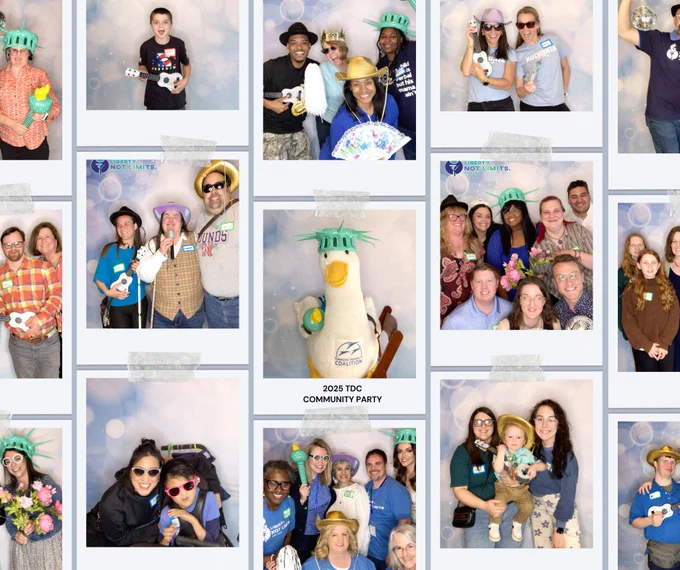 A collage of advocates posing for the photo booth at the 2025 TDC Community Party.