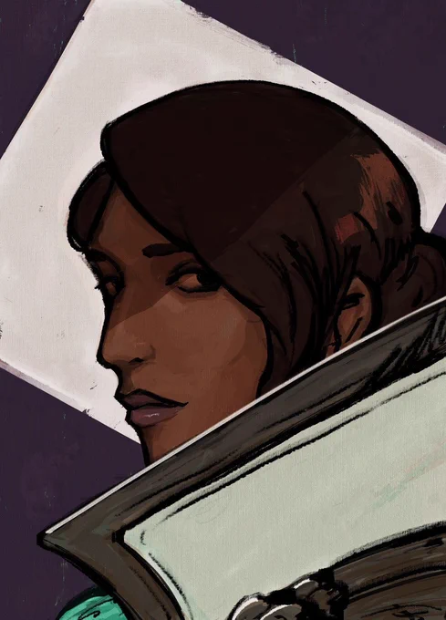Colored digital portrait of Neve Gallus, from video game franchise Dragon Age.