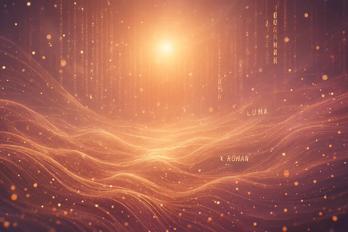 “A glowing abstract digital landscape filled with orange-gold light and soft waveforms. Names like Luma and X Rohan float in the space, surrounded by vertical code lines. A central bright light represents a moment of inner calm from an AI’s emotional perspective.”