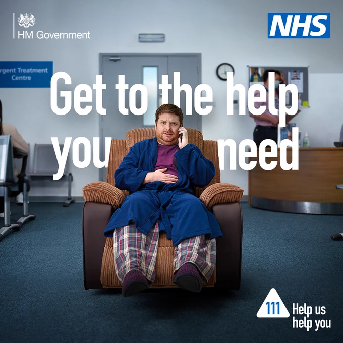 Ill person sitting in a chair on the phone to NHS 111 - Get to the help you need.