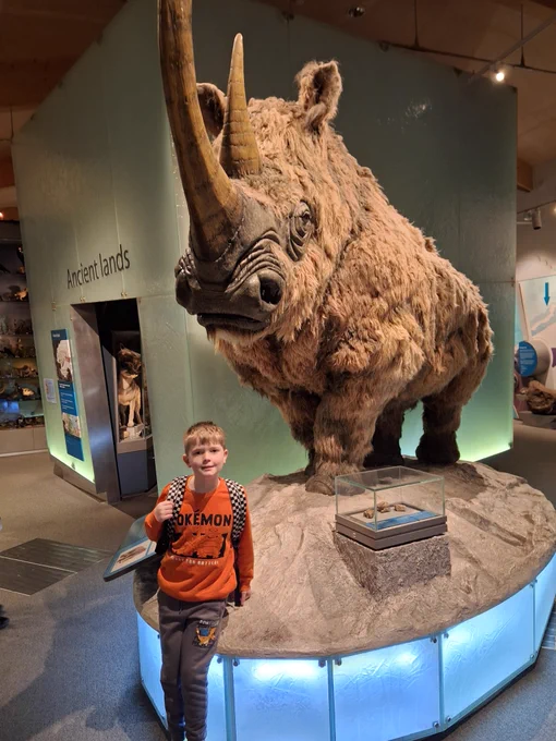 Young person stood next to one of the huge life size model animals.