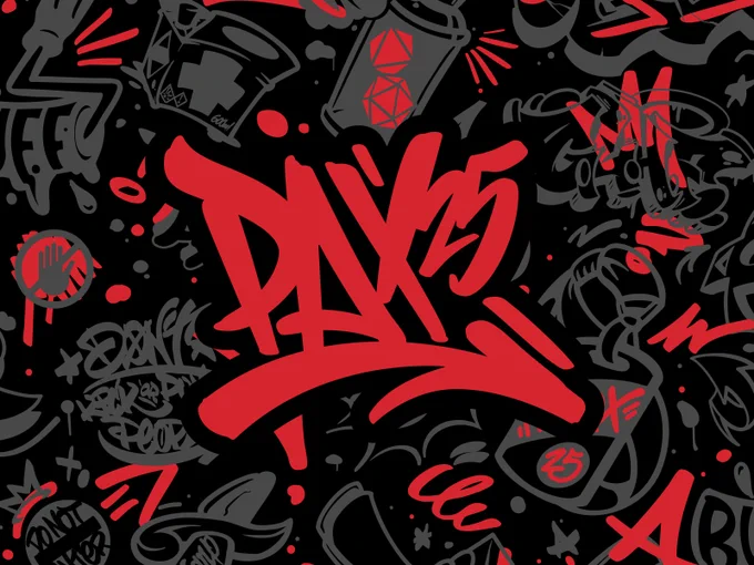 A red graffiti "PAX 25" logo over a black and gray gaming-related graffiti illustration pattern.