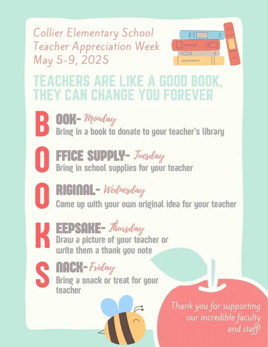 Teacher Appreciation List: Monday bring book, Tuesday bring office supplies, Wednesday bring an original gift, Thursday bring a picture, and Friday bring a snack.