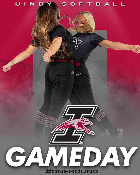 A UIndy softball gameday graphic featuring Hailey Thompson and Jalyn Kopp chest bumping.