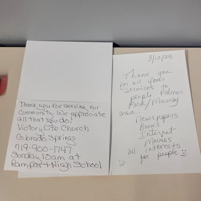 Two thank-you cards. The first card reads, "Thank you for serving our community. We appreciate all you do." The second card reads, "Thank you for your services to the people, Palmer Park/Murray area. Newspapers, books, internet, movies, all interests for people." 