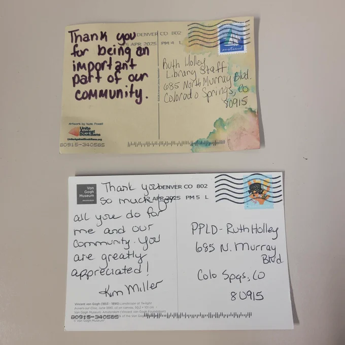 Two post cards. The first one says, "Thank you for being an important part of our community." The second one says "Thank you so much for all you do for me and our community. You are greatly appreciated!"