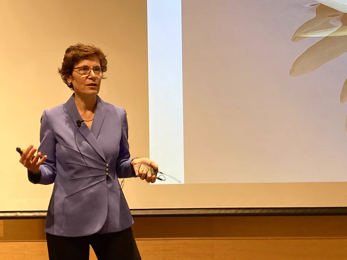 Woman speaks to audience, gesturing with hands. The audience is not seen in this photo.