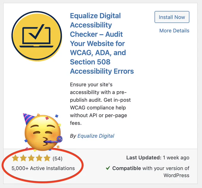 Screenshot of the plugin install screen from the WordPress admin showing Accessibility Checker with 5,000  active installs and a party emoji overlaid.