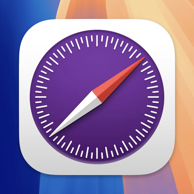 Safari Technology Preview app icon on macOS Sequoia featuring a red and white compass needle over a purple background with white radial marks.