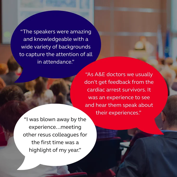 Image of an audience at a conference with various speech bubbles containing positive testimonials about the event's impact and speaker experiences.
