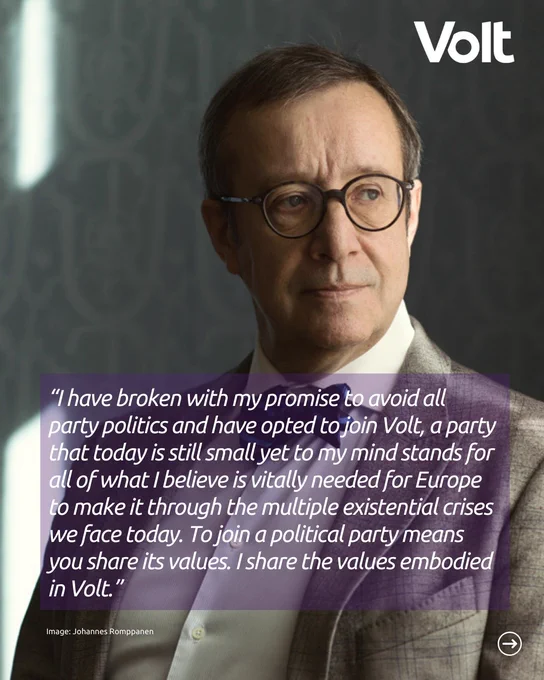 Portrait of Toomas Hendrik Ilves wearing glasses and a suit, looking to the side. A quote is overlaid:
"I have broken with my promise to avoid all party politics and have opted to join Volt, a party that today is still small yet to my mind stands for all of what I believe is vitally needed for Europe to make it through the multiple existential crises we face today. To join a political party means you share its values. I share the values embodied in Volt."
Text at the bottom: Image: Johannes Romppanen. Volt logo appears in the top right corner.

