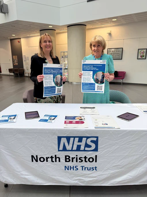 NBT Staff in the atrium of the Brunel with a stall to raise awareness on the new Patient Experience NHS Elect module.