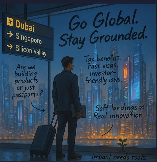 A man wearing a suit and carrying a suitcase looks out at the skyscrapers from an airport. Above him is a sign indicating departure for Dubai. To the right are signs for Singapore and Silicon Valley.
The text 'Go Global. Stay Grounded", "Are we building products or just passports?" and "soft landings not equal to real innovation" are shown.