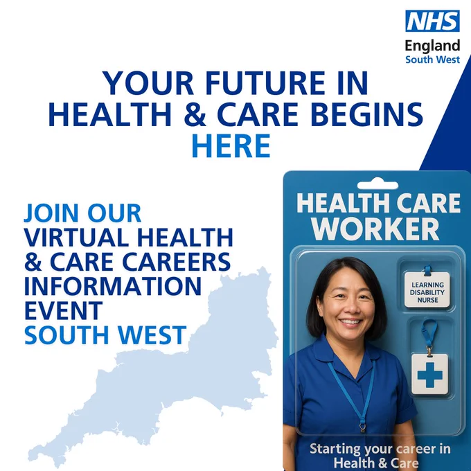 Promotional poster for an NHS England South West virtual health and care careers information event.