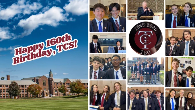 The visual features the text "Happy 160th Birthday, TCS!"  There are photos of students and Mr. Grainger wearing their 160th commemorative pin. 
