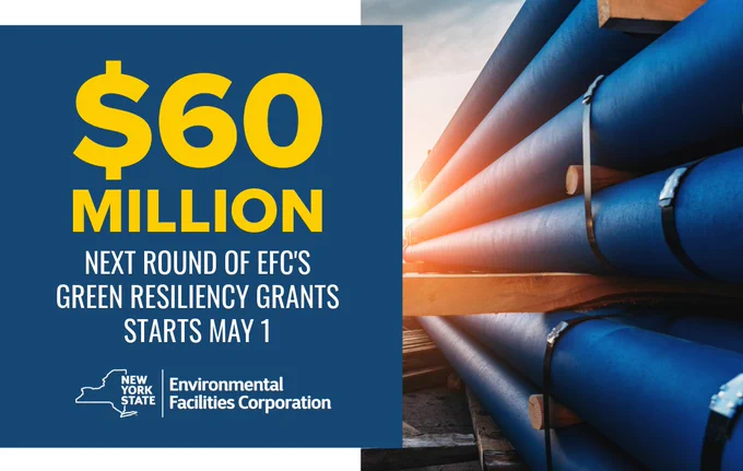 Stack of blue pipes with a text overlay - $60 million, next round of EFC's green resiliency grants starts May 1, with EFC logo