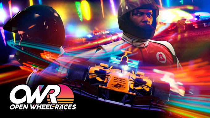 Open Wheel Races event poster with a montage of track-racing cars with characters in racing gear. 