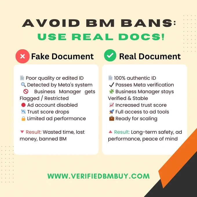 🚫 Avoid BM Bans: Use Real Docs! ✅

Tired of sudden Business Manager bans?
Using fake or low-quality documents is the #1 reason accounts get flagged and restricted.

🔍 Swipe to see the difference between real vs fake documents!
📸 Our real, verified docs pass Meta’s checks — every time.

🔥 Stay compliant, stay safe, and keep scaling your ads with confidence.
🛡️ Choose Verified BM Buy for 100% authentic documentation!

————————Contact Info——————————
WhatsApp: https://wa.me/8801302669333
Email: business@verifiedbmbuy.com
Website: https://verifiedbmbuy.com/
Telegram: https://t.me/Verifiedbmbuy

#FacebookBM #VerifiedBMBuy #BMRecovery #MetaAds #BMVerification #DigitalMarketingTools #AdAccountSafety