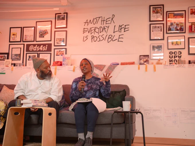Joy James speaking at the Design Gym for the panel: Beyond Fascism and Neoliberalism with Joy James on April 22, 2025.