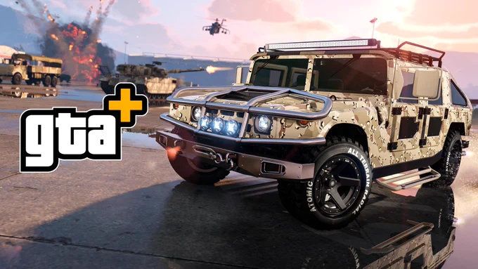 GTA Plus poster featuring a Mammoth Patriot Mil-Spec off-road vehicle at the base camp amongst military vehicles. 