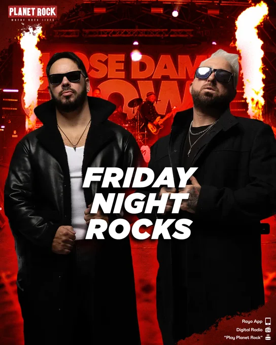 Image: Shane and Ronnie from Those Damn Crows, posing in sunglasses and black coats, in front of a background image of Those Damn Crows performing live with flames either side of the stage.
Text: Friday Night Rocks