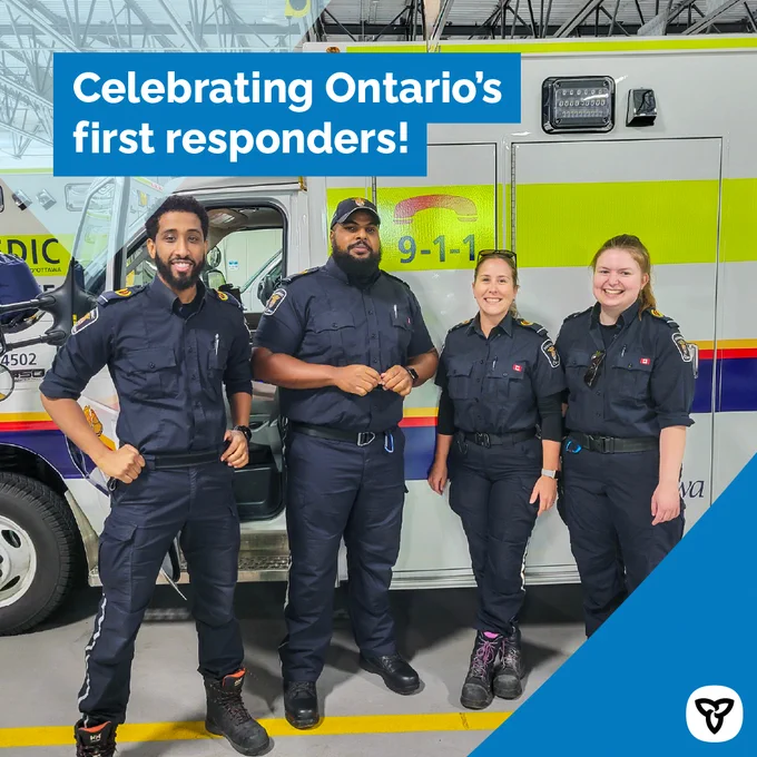 First responders standing together. Image Text: Celebrating Ontario’s first responders!