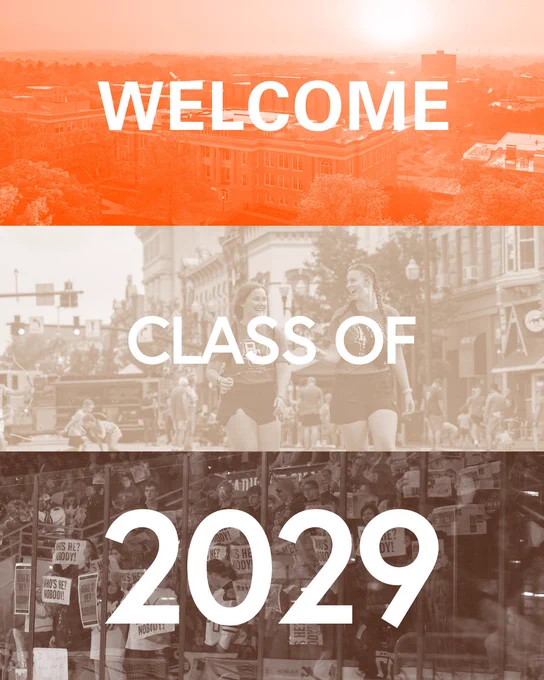 An image divided into three sections with the text 'WELCOME CLASS OF 2029' overlaid. The top section shows an orange-tinted view of a bustling college campus, the middle section displays two students laughing and walking, and the bottom section features a close-up of a bulletin board covered in various posters.