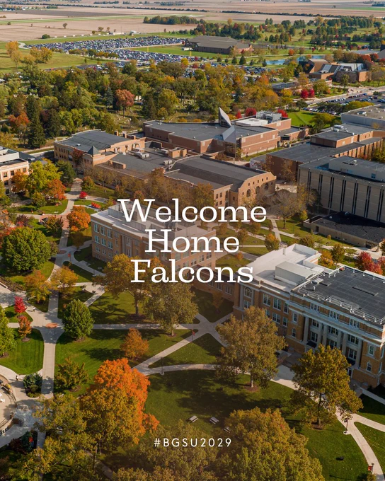 Aerial view of Bowling Green State University campus with text overlay reading "Welcome Home Falcons" and hashtag #BGSU2029.
