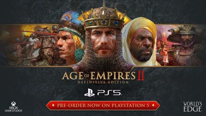 Pre-order graphic for Age of Empires II: Definitive Edition with a compilation of illustrations by Craig Mullins against a black marble background. 

Image text: Pre-order now!