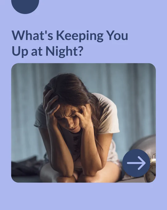 Promotional image for a wellness campaign titled 'What's Keeping You Up at Night?' featuring an individual looking stressed while sitting beside a bed, with a blurred alarm clock in the foreground.