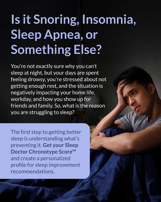 Promotional image featuring a person resting their head on their hand, looking thoughtful, with text discussing sleep issues like snoring, insomnia, and undiagnosed sleep disorders.