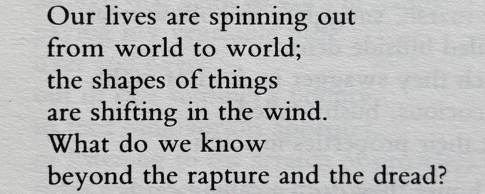 Our lives are spinning out
from world to world;
the shapes of things
are shifting in the wind.
What do we know
beyond the rapture and the dread?