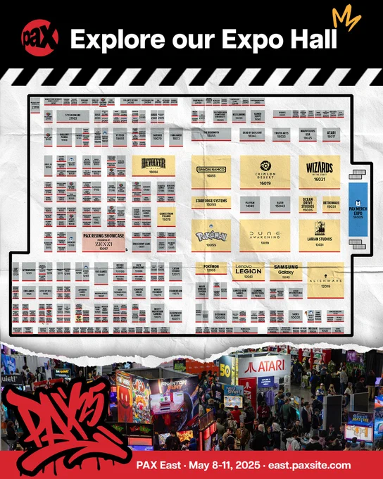 Explore our Expo Hall map including exhibitors: Wizards of the Coast, Larian Studios, Pokemon, Bandai Namco and so many more. Show maps are available on the website and in the PAX Nav mobile app. PAX East; May 8 - 11, 2025; east.paxsite.com